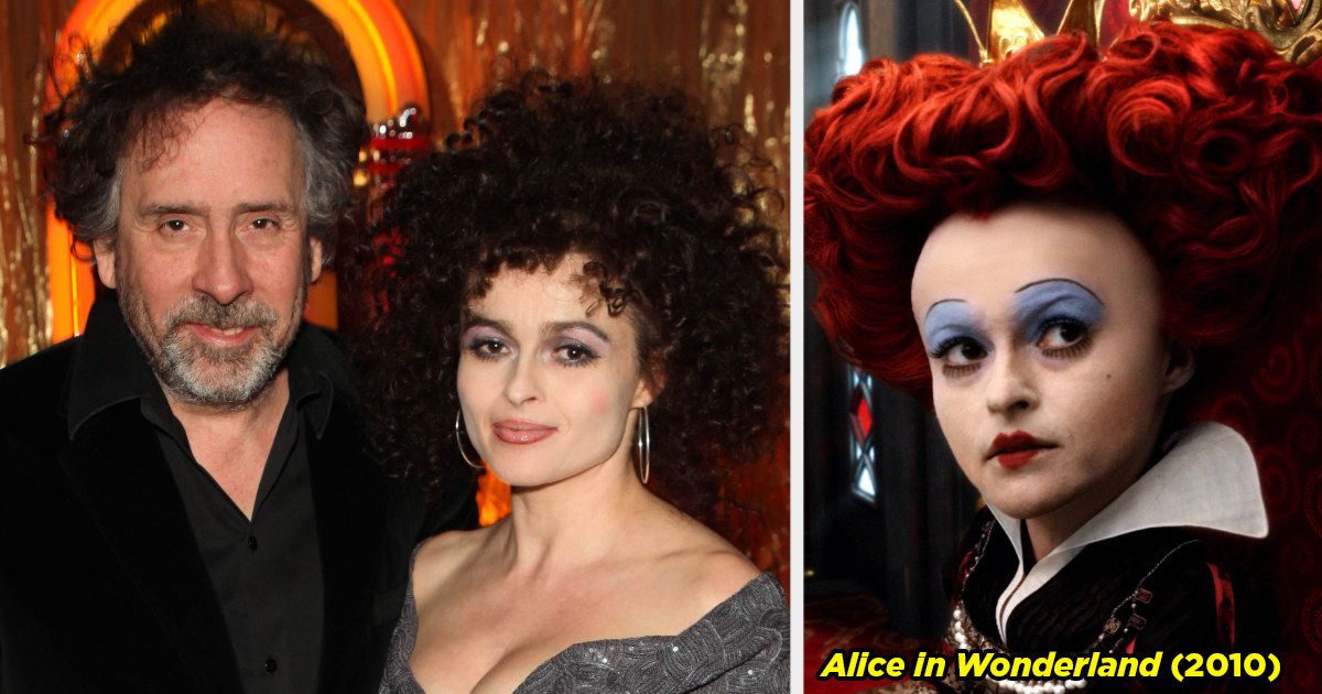 Tim Burton posing with Helena Bonham Carter and Helena&#x27;s as the Queen of Hearts in Alice in Wonderland