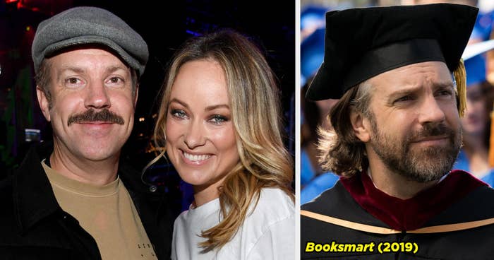 Jason Sudeikis posing with Olivia Wilde, and Jason&#x27;s as the principal in Booksmart