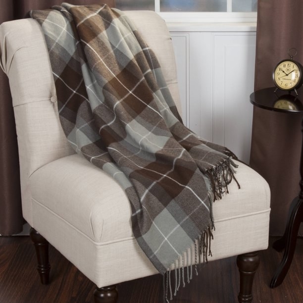 The throw blanket on a chair.