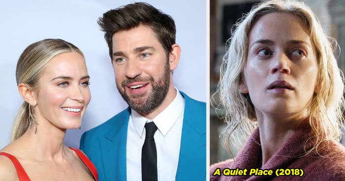 Emily Blunt posing with John Krasinski and Emily&#x27;s character looking afraid in A Quiet Place.