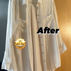 the same shirt now wrinkle-free with text overlay that says after and the starry eyed emoji