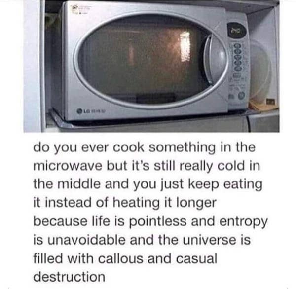 "do you ever cook something in the microwave but it's still really cold in the middle and you just keep eating it instead of heating it longer because life is pointless, etc."