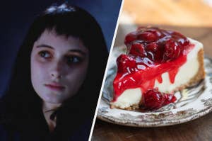 A close up of Lydia Deetz from "Beetlejuice" and a slice of cherry cheesecake sits on a plate
