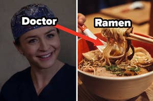 A close up of Amelia Shepard from "Grey's Anatomy" and a pair of chopsticks picks up noodles from a bowl