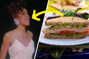 A close up of Whitney Houston as she wears a sparkly gown and a half sandwich sits on a plate