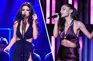 Selena Gomez wears a thin strap gown with cut out in the middle and Ariana Grande wears a halter dress with cut outs in the middle