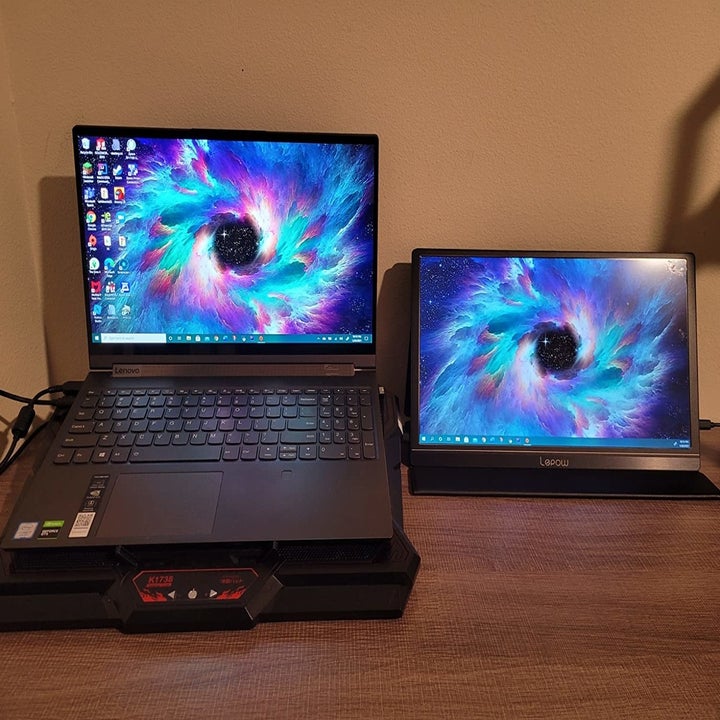 a reviewer photo of the portable monitor connected to their laptop