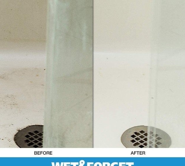 Before: a dirty shower floor; after: the clean shower floor