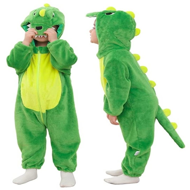 Kid in dinosaur costume