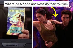 nora bing's book on the left and ross and monica doing the routine on the right