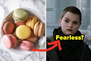 An overhead shot of a bowl of colorful macarons and a close up of Negasonic Teenage Warhead from the movie "Deadpool" 