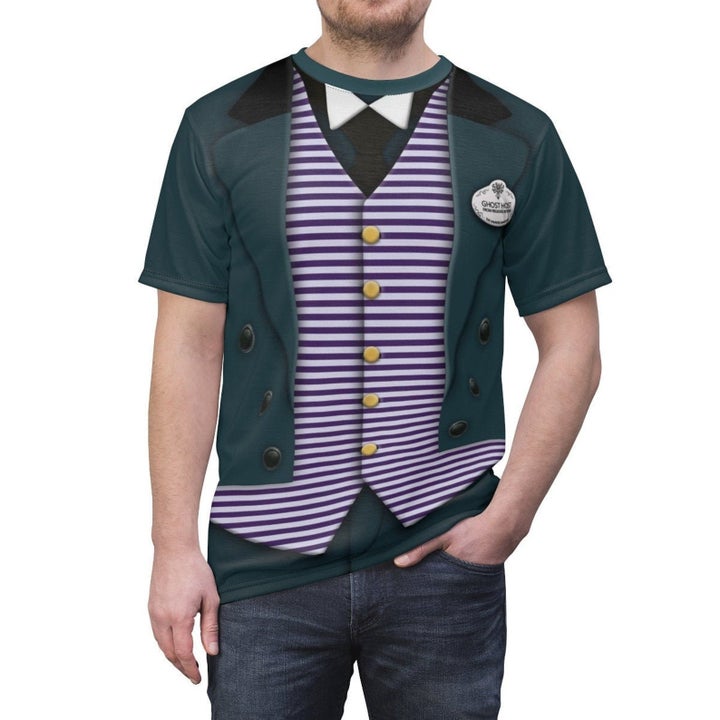 a model in a t-shirt designed to look like a haunted mansion cast member uniform