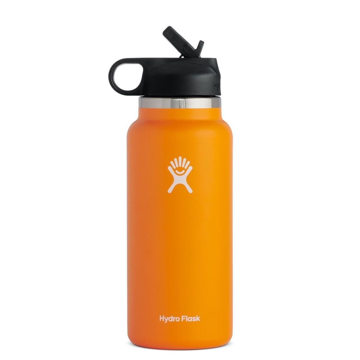 An orange water bottle with a straw lid.