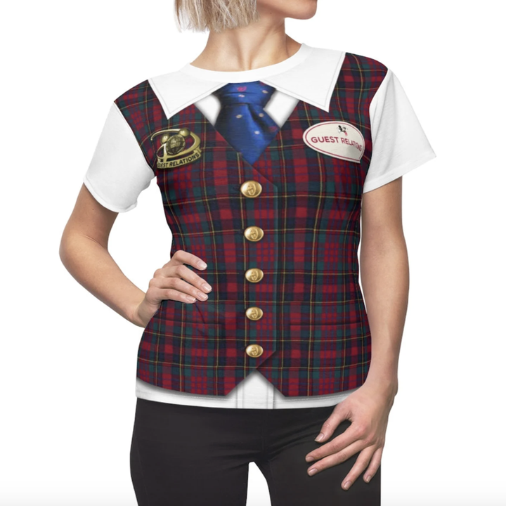 a model in a t-shirt that looks like a disney guest relations cast member uniform