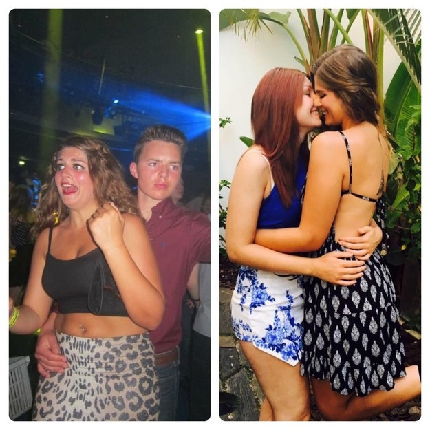 girl looking weirded out that a guy has his arm around her at a club; girl nuzzling with another woman