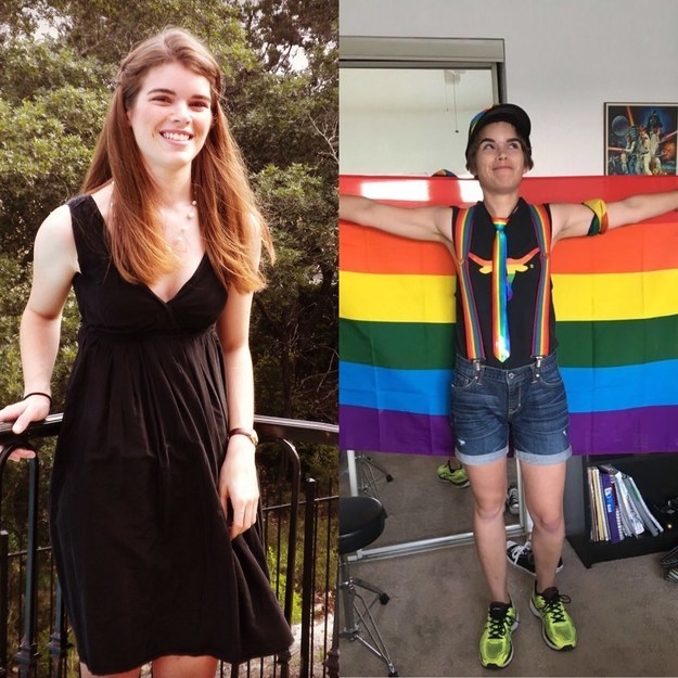 girl with long hair in a dress; girl with short hair wearing pride gear
