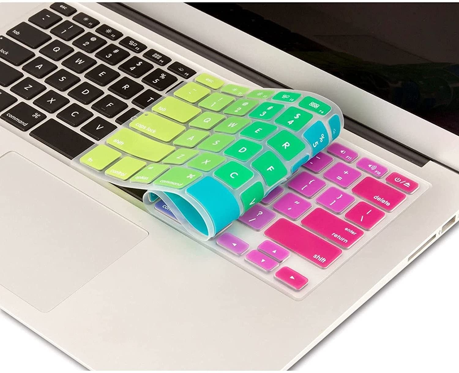 a colourful silicone keyboard cover curled over a laptop keyboard