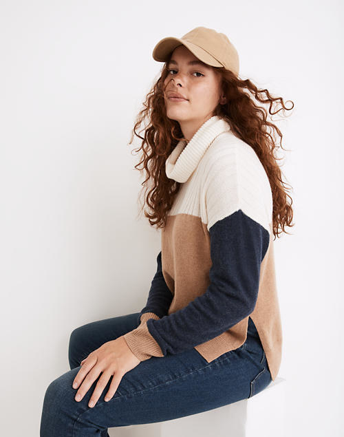 a model wearing the brown, white, and navy color-blocked sweater