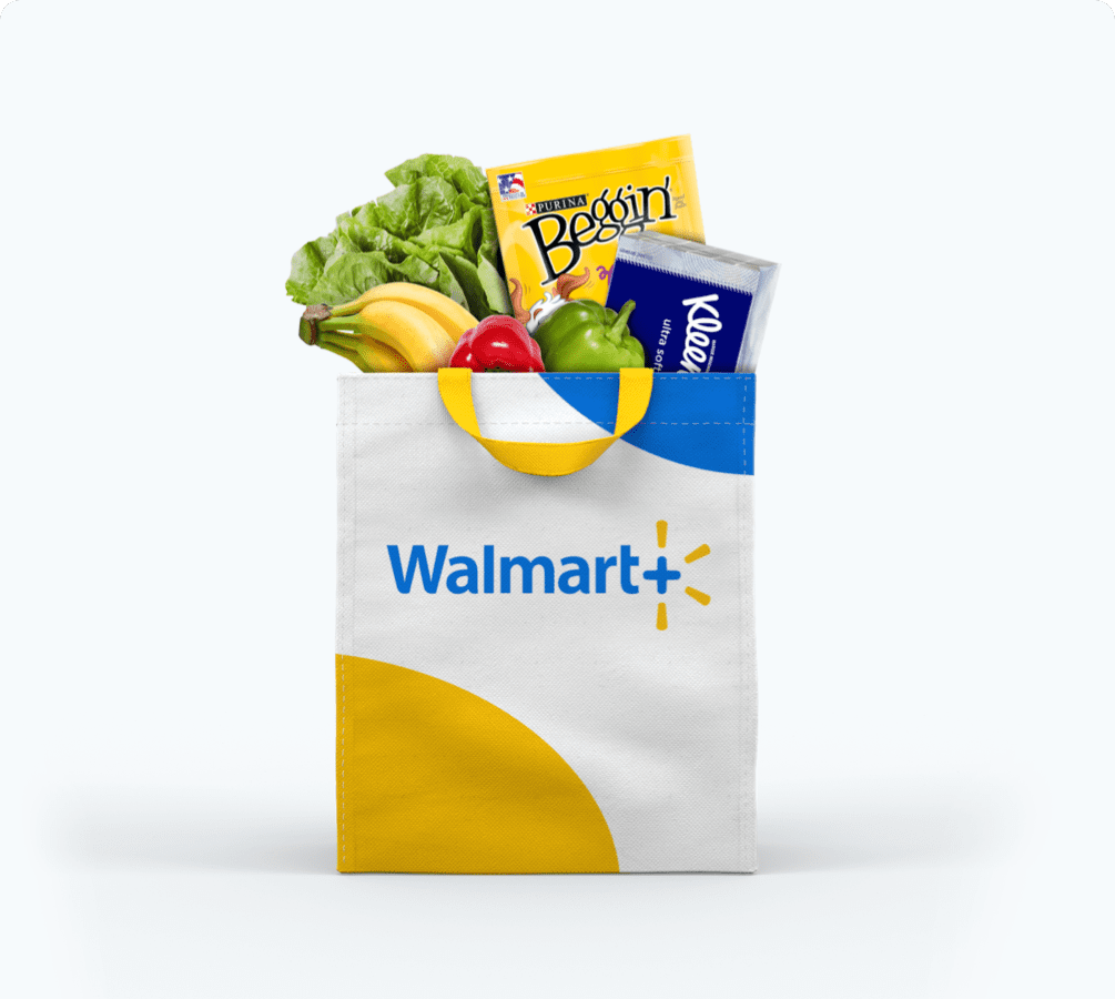 A Walmart bag that says &quot;Walmart+&quot; and has produce, dog food, and tissues visible