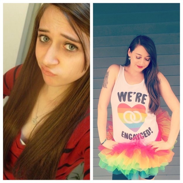 girl taking a selfie; same girl older wearing pride clothes and a shirt saying, &quot;We&#x27;re engaged&quot;