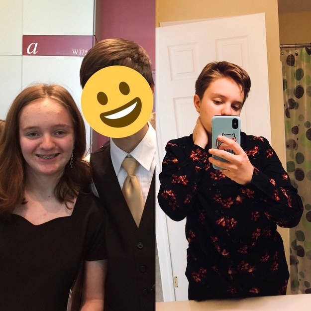 a young girl smiling; now trans man in a nice shirt and nice haircut