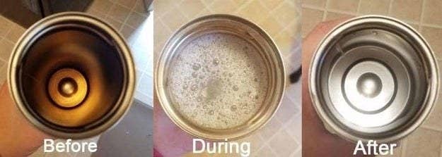 Progression photo showing a stained mug, the mug with foaming liquid inside, and the mug after it&#x27;s been cleaned looking shiny and brand new