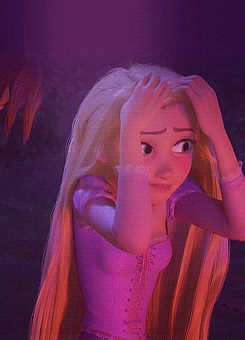 Rapunzel running her hands through her hair and sighing
