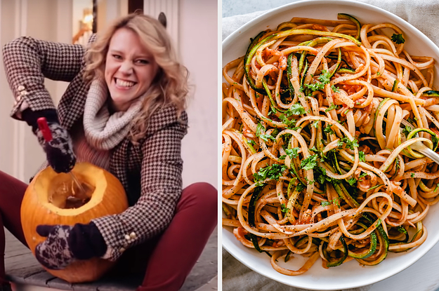 On the left, Kate McKinnons carving a pumpkin in an SNL sketch, and on the right, a bowl of spaghetti with zucchini and marinara sauce