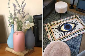 A set of colorful vases and a colorful rug with an illustrated eye on it