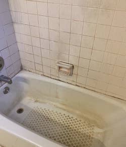 A reviewer's before photo of a dirty tub