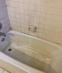A reviewer's before photo of a dirty tub