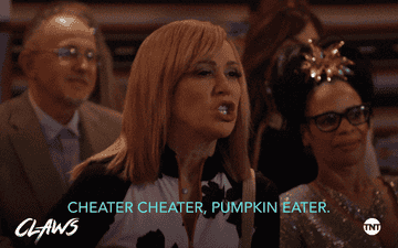 A woman yells &quot;cheater cheater, pumpkin eater.&quot;