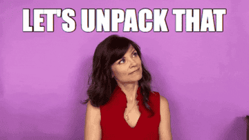 Woman in a red dress look sideways before saying &quot;Let&#x27;s unpack that.&quot;