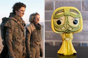 timothée chalamet and rebecca ferguson in dune and a funko pop of Lady Jessica