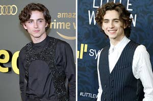 On the left, Timothée Chalamet wearing a sparkly bib and button-down, and on the right, Timothée wearing a collared shirt and a waistcoat