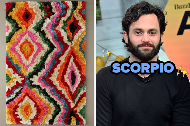 On the left, a patterned shag rug, and on the right, Penn Badgley labeled Scorpio