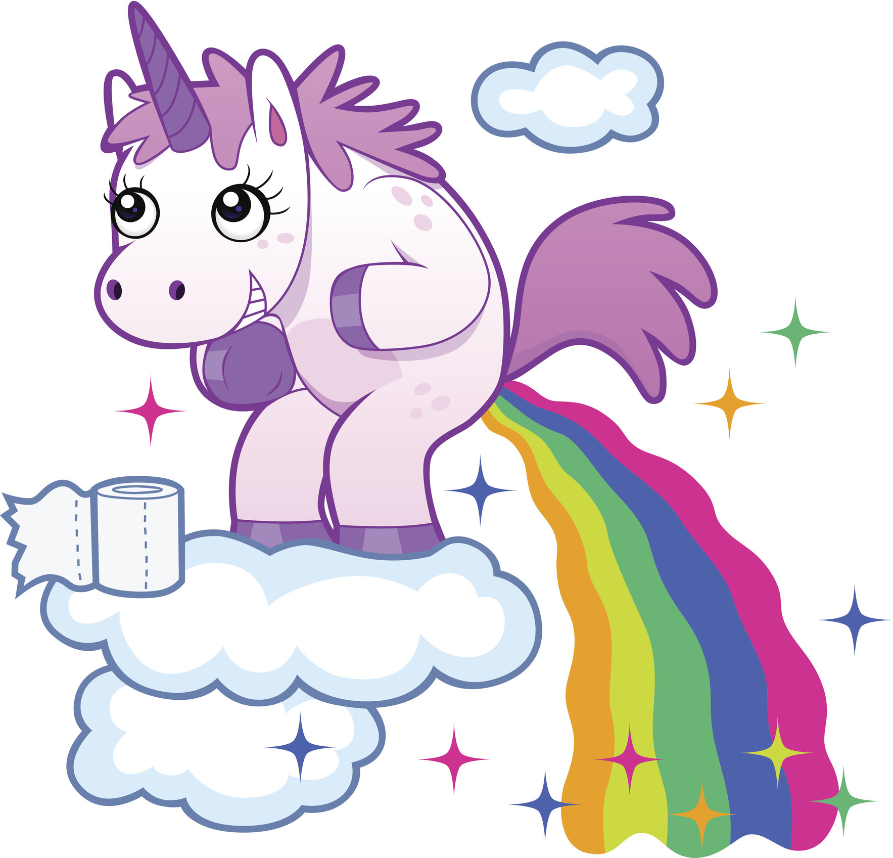 Smiling unicorn pooping a rainbow on the sky.