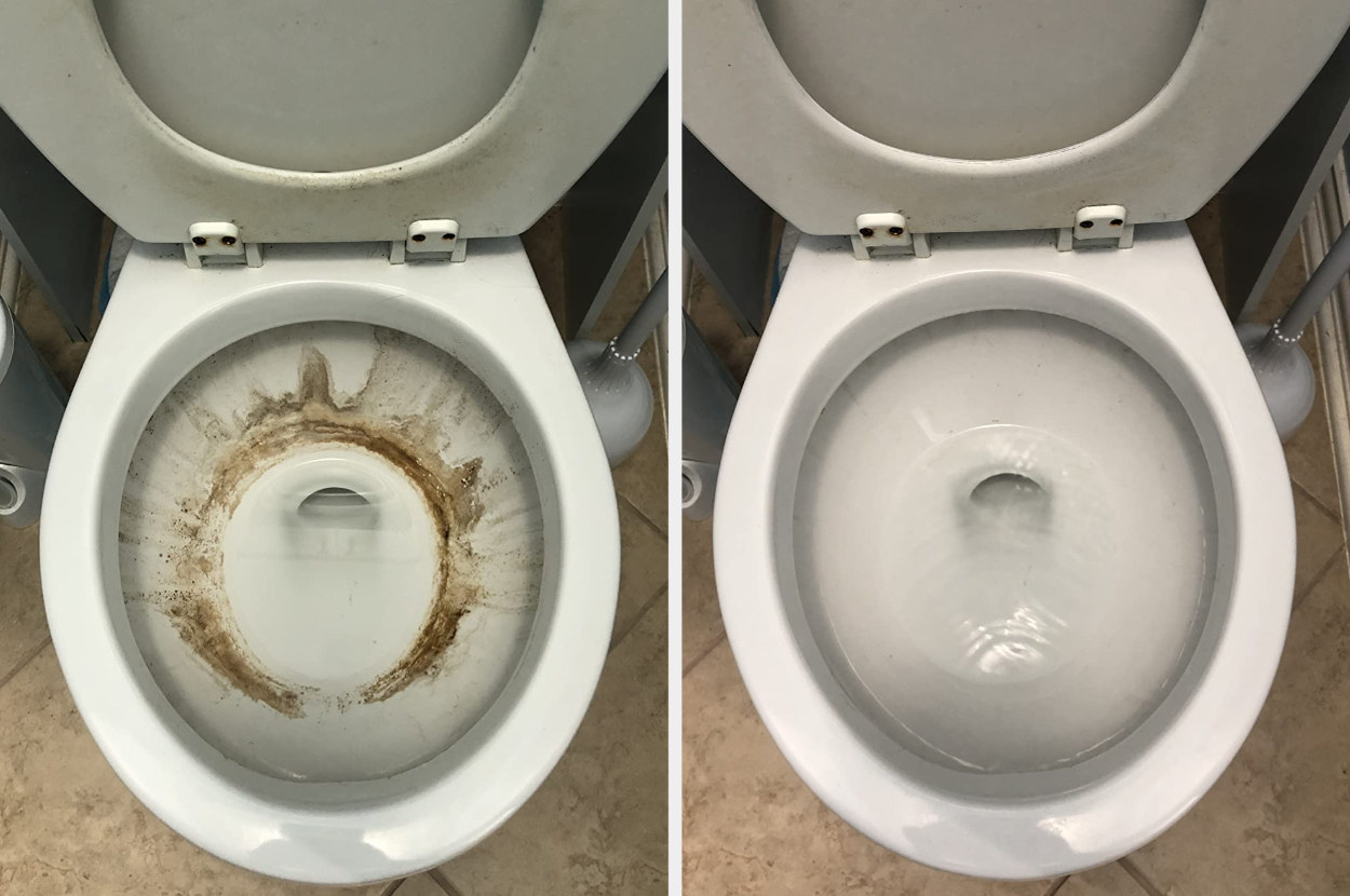 before photo of a toilet bowl with dark brown water stains around the entire bowl and an after photo of the toilet looking pristine