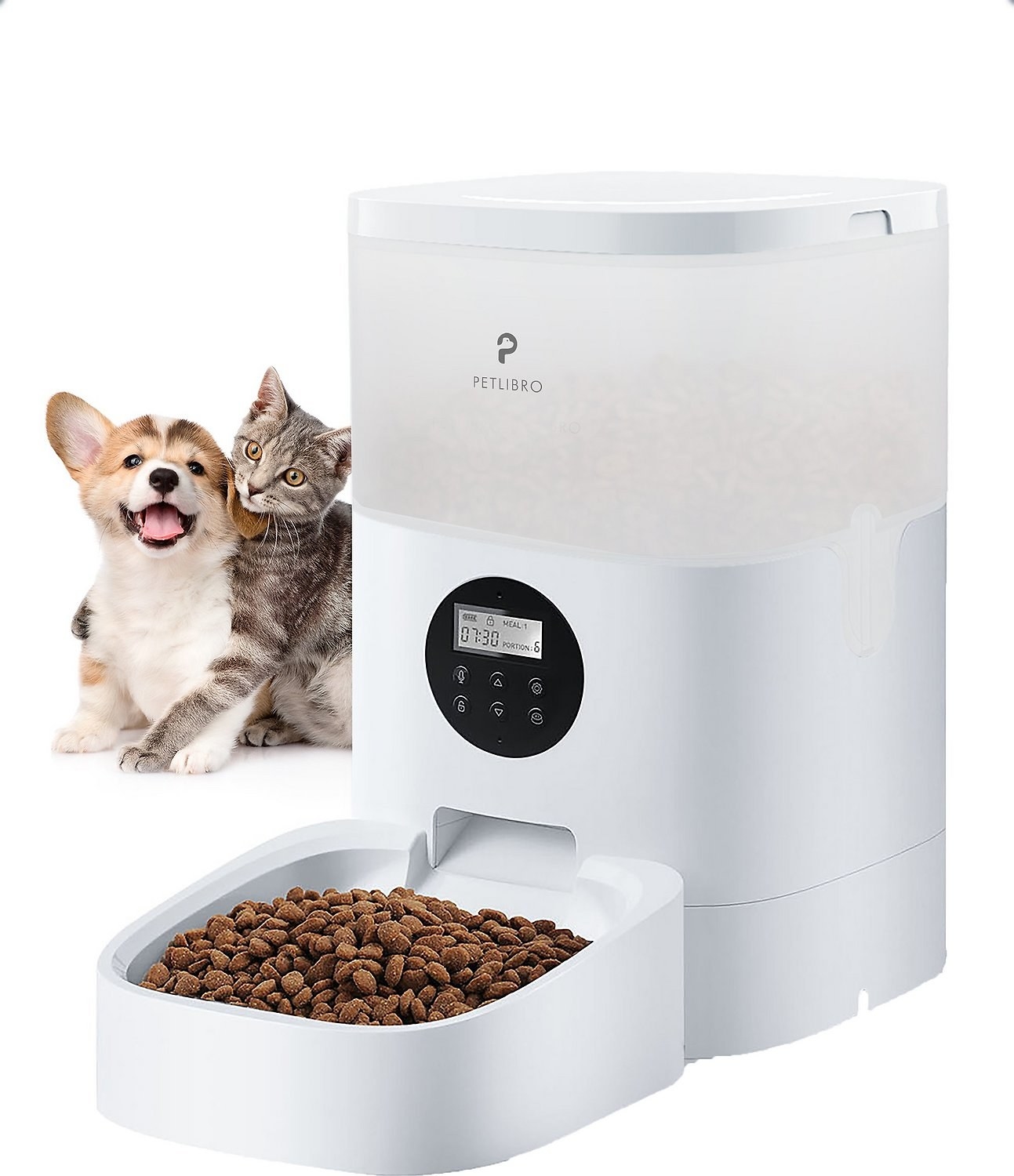 white automatic pet feeder with cat and dog in the background