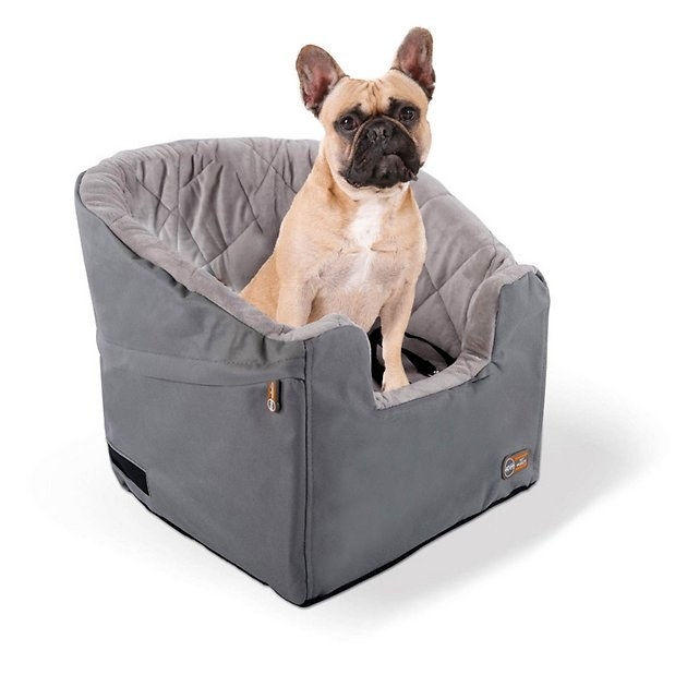 gray dog booster seat with a french bulldog inside