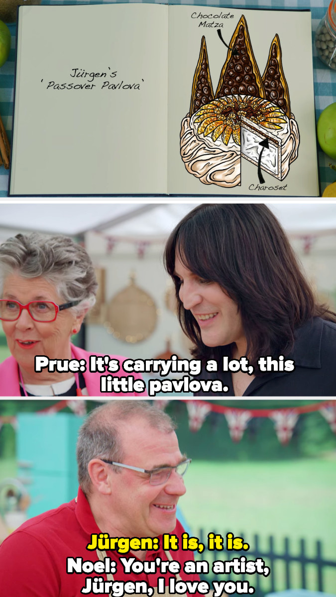 Prue says, it&#x27;s carrying a lot, this little pavlova. And Jurgen replies, it is, it is. And Noel adds, you&#x27;re an artist, Jurgen, I love you