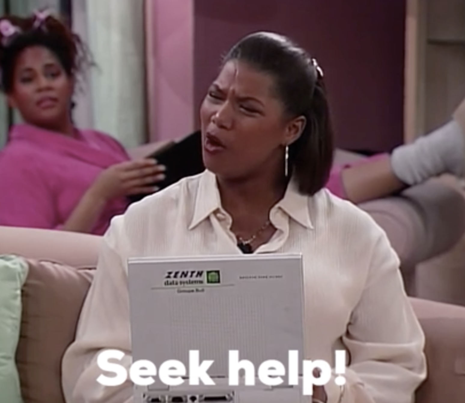 Khadijah from &quot;Living Single&quot; typing on her computer: &quot;Seek help!&quot;
