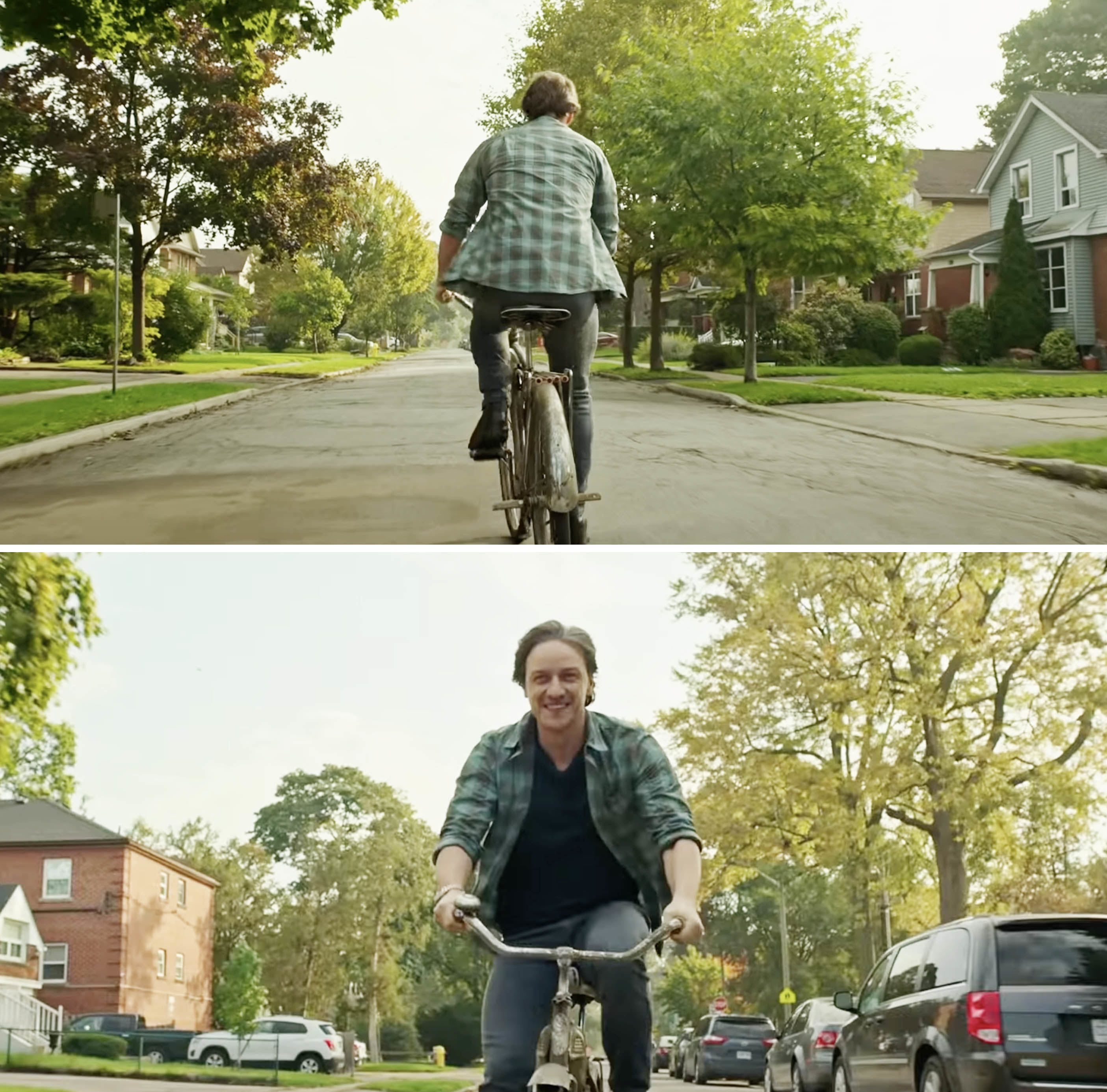 James cycling down the street in a scene from It Chapter Two