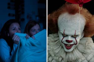 On the left, two people covering their faces with a blanket as they watch a movie in the dark, and on the right, Pennywise from It