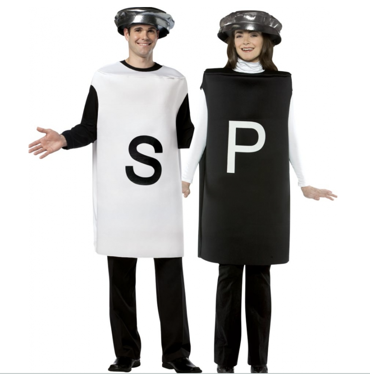 man in a salt shaker costume and woman in a pepper shaker costume
