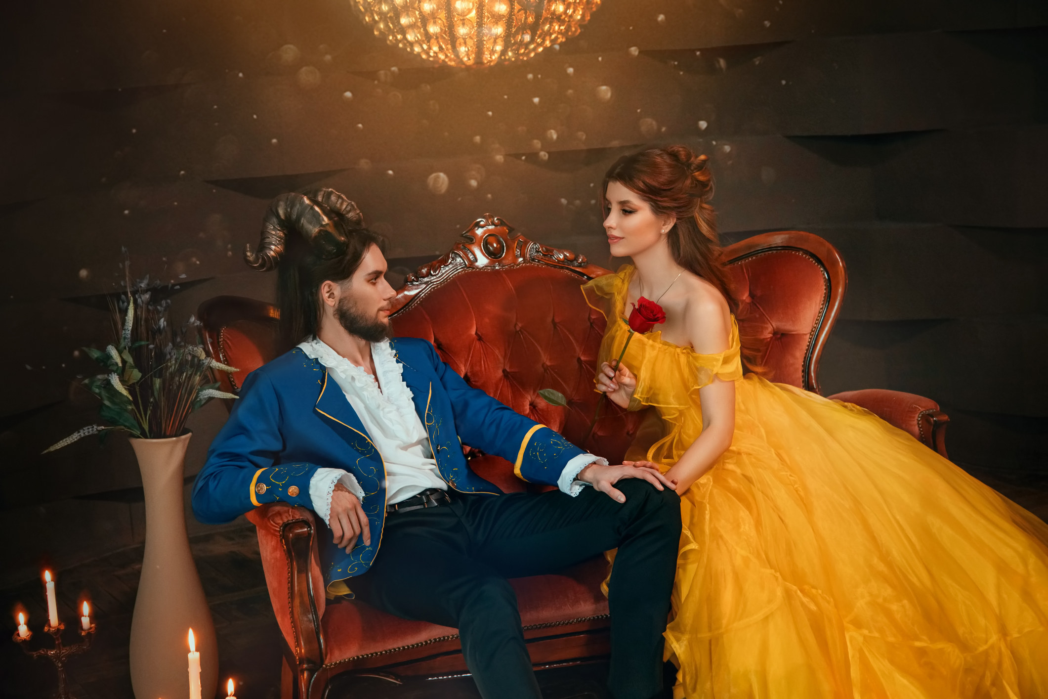 couple dressed as beauty and the beast