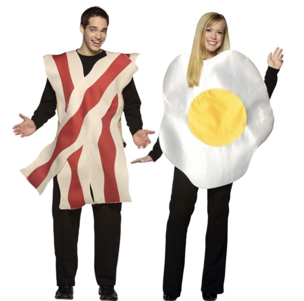 man dressed as bacon and girl dressed as eggs