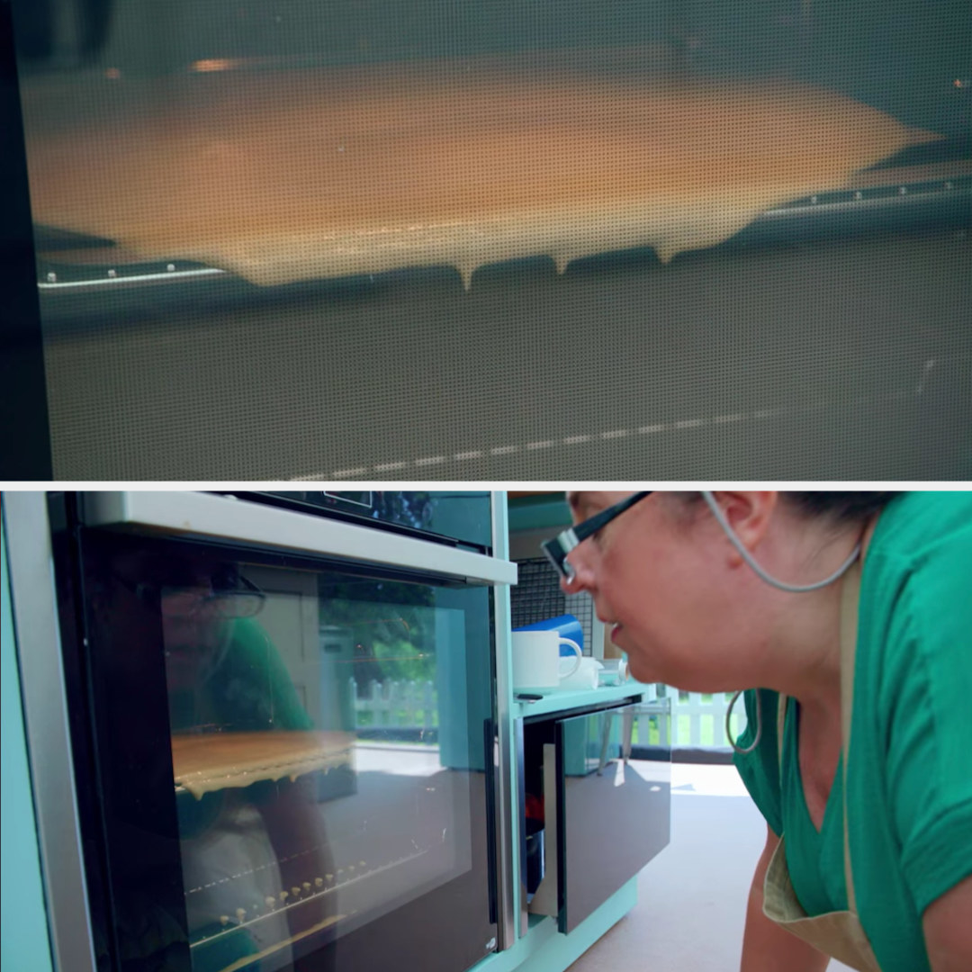 Amanda watching her sponge drip in the oven