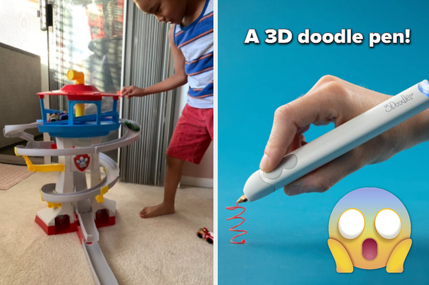 left image: child playing with paw patrol set, right image: 3d doodle pen
