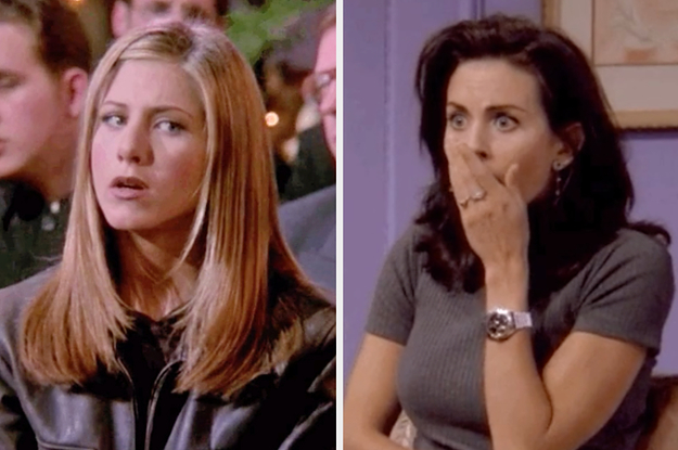On the left, Rachel from Friends looking off to the side, and on the right, Monica from Friends covering her mouth in shock